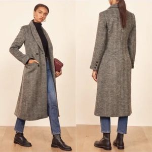 Reformation “York Coat Long Gray Herringbone”.